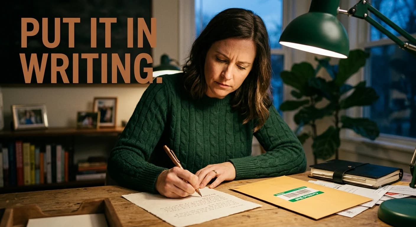 A homeowner handwrites a formal notice of error letter at her desk beside a certified-mail envelope.