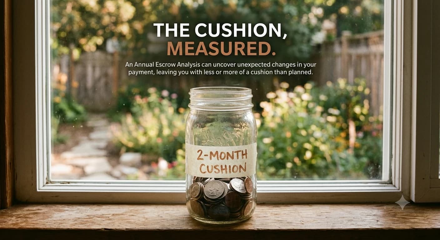 A glass jar labeled 2-month cushion holds coins on a windowsill overlooking a garden, illustrating the escrow cushion limit.