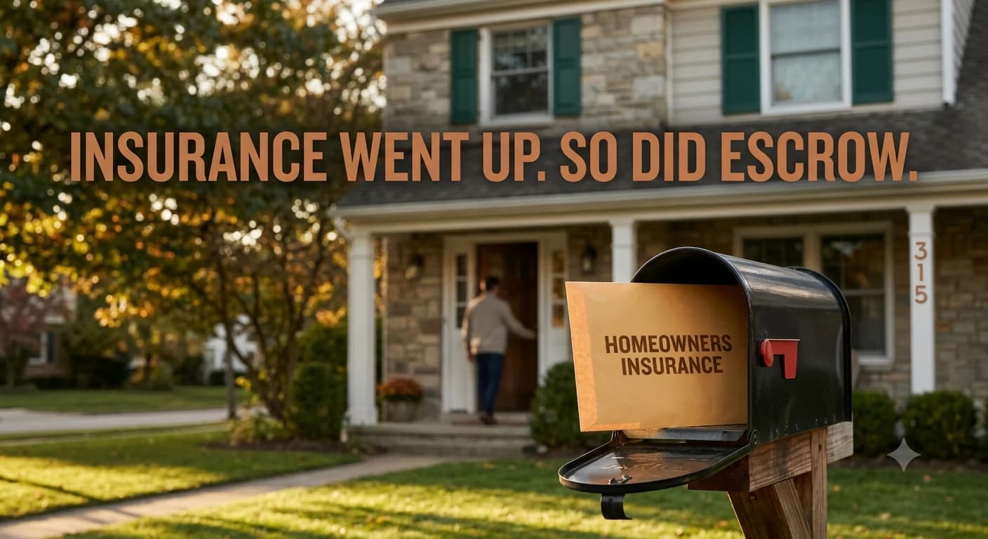 A homeowners insurance envelope sits in a mailbox outside a house while the homeowner walks in the front door, illustrating how an insurance increase raises the escrow payment.