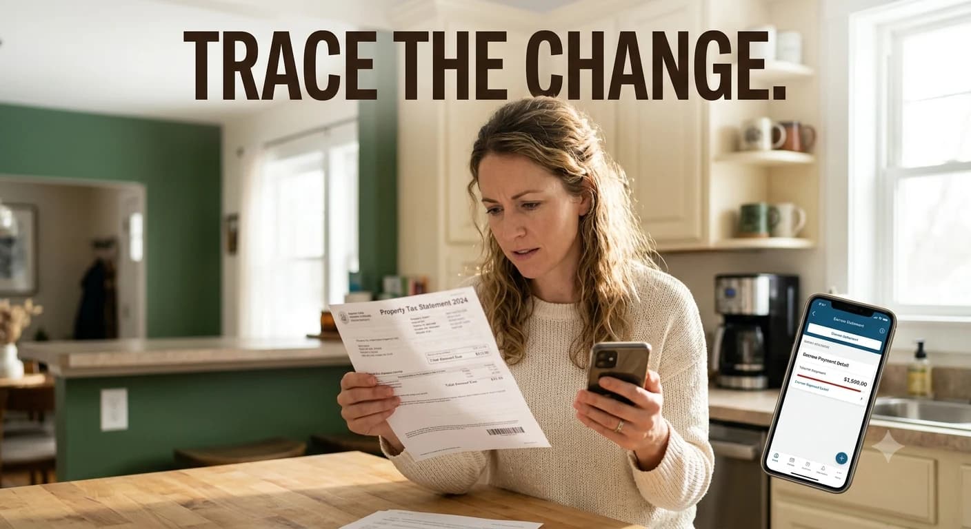 A homeowner compares a property tax statement in hand with her escrow payment details on her phone in the kitchen.