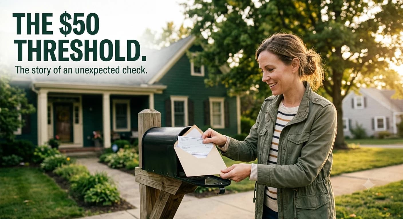 A homeowner smiles while pulling an unexpected escrow surplus refund check from her mailbox.
