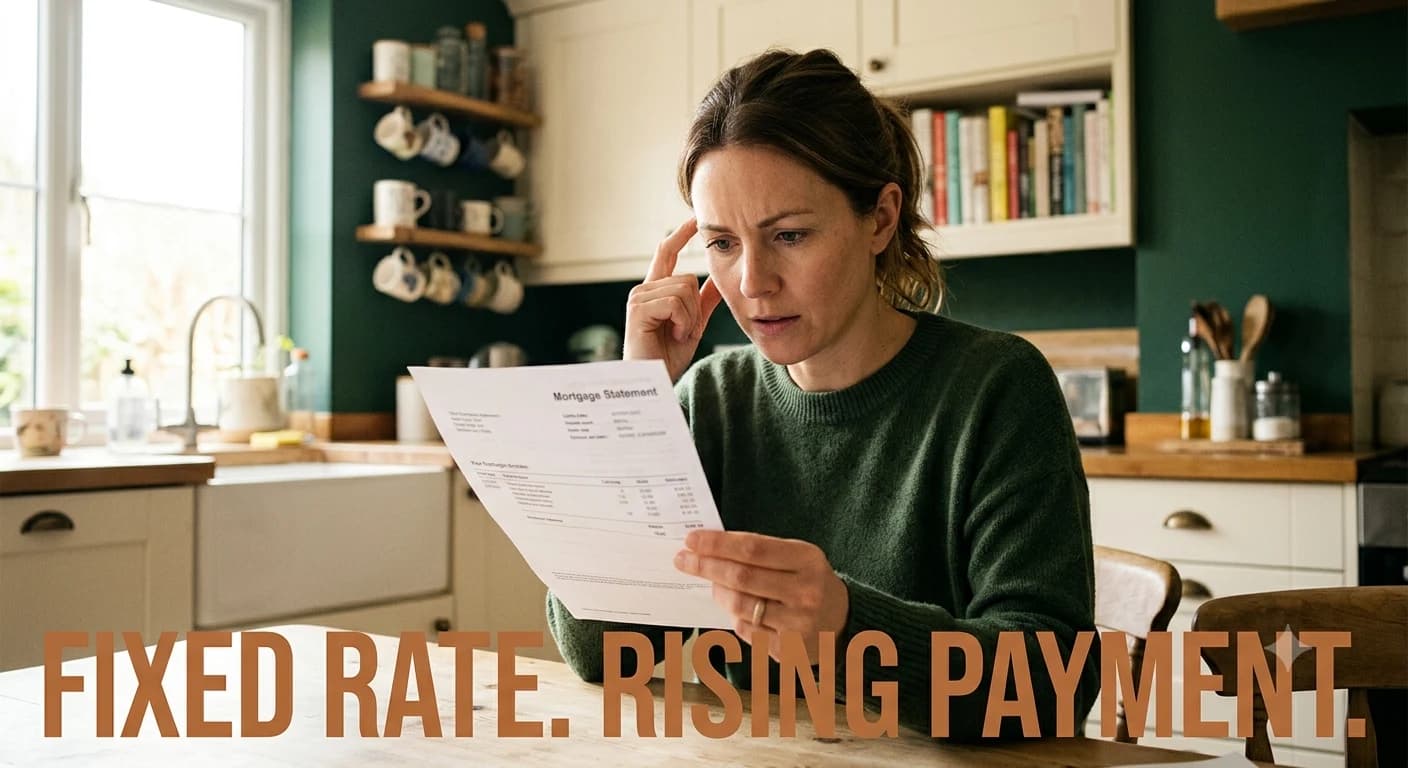 A homeowner studies a mortgage statement at her kitchen table, tracing why her fixed-rate payment went up.