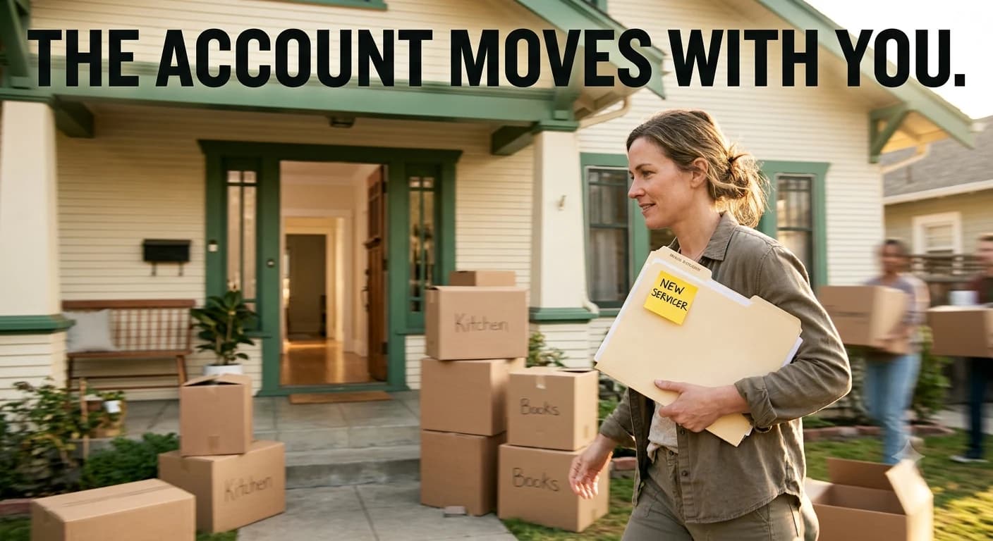 A homeowner carries a folder labeled New Servicer past moving boxes outside her house, showing the escrow account transferring with her.