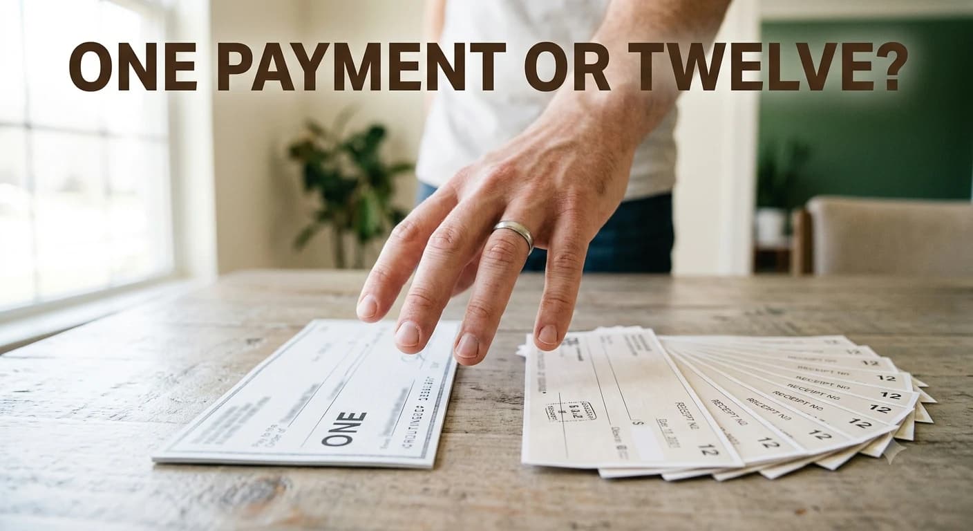 A hand reaches across a table between a single full payment check and a fanned stack of twelve monthly payment slips.