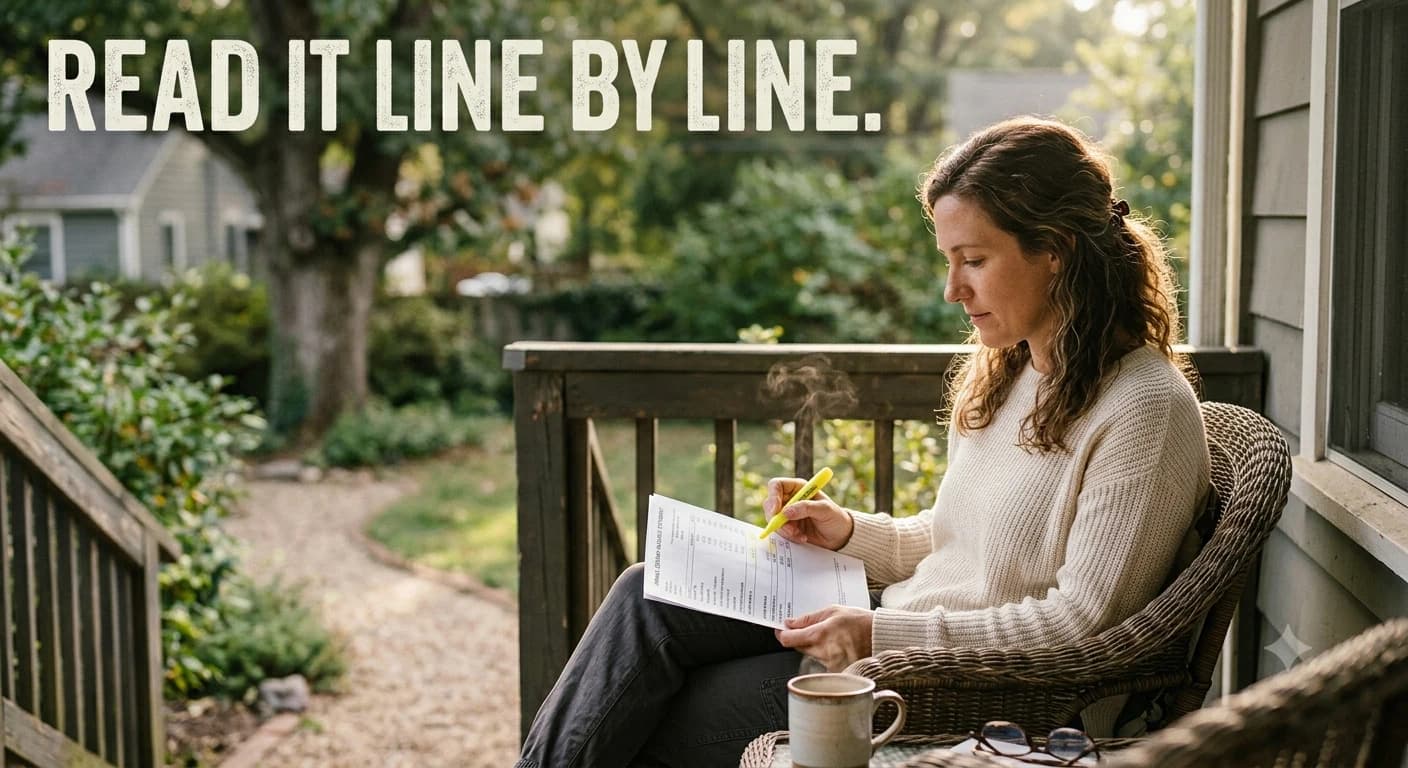 A homeowner reads and highlights her annual escrow analysis statement with coffee on the back porch.
