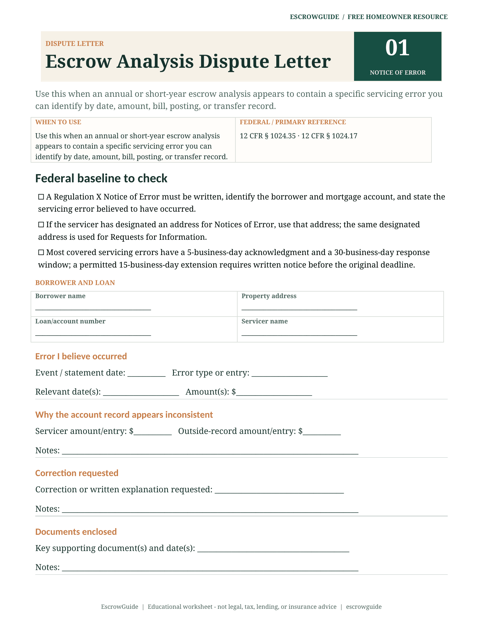 Preview of the Escrow Analysis Dispute Letter first page