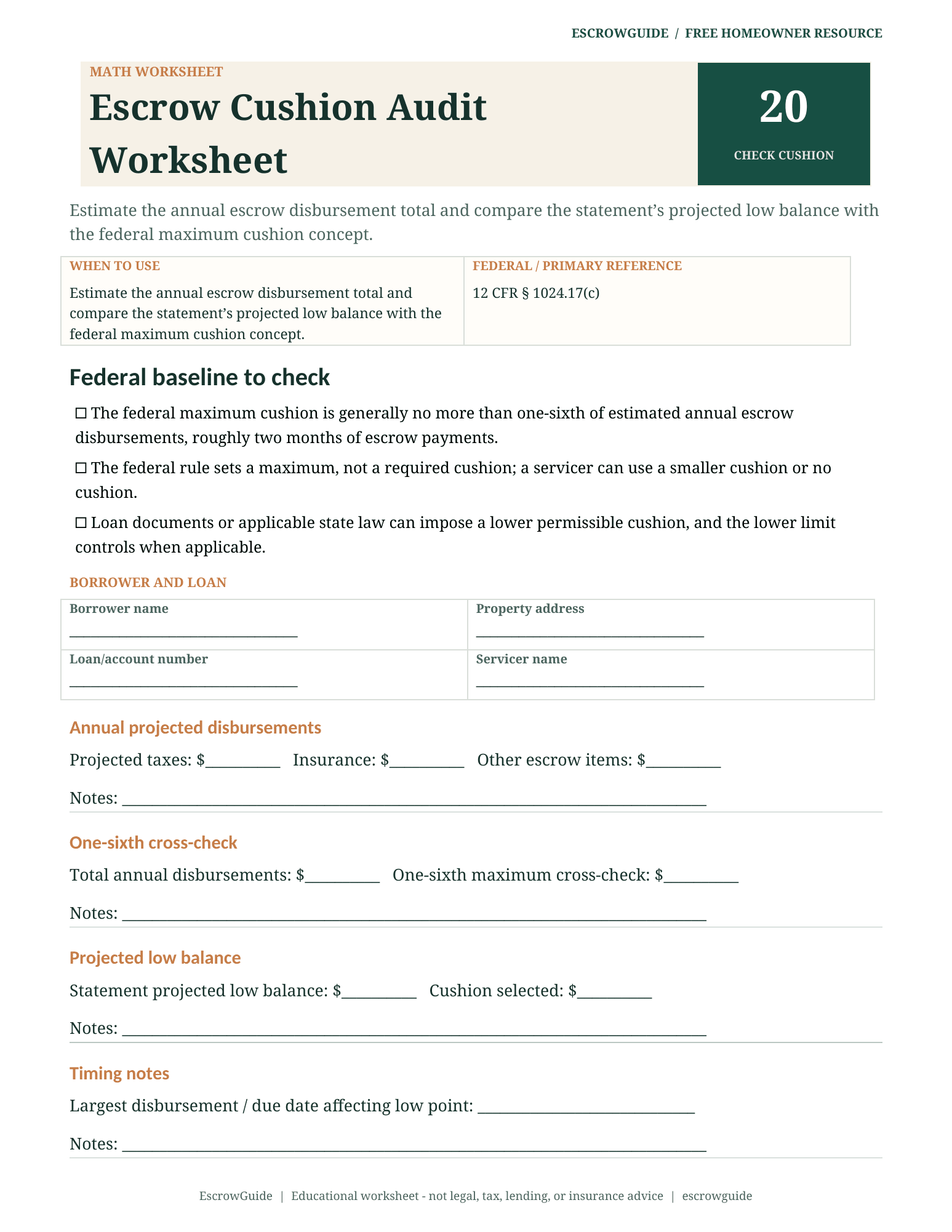 Preview of the Escrow Cushion Audit Worksheet first page
