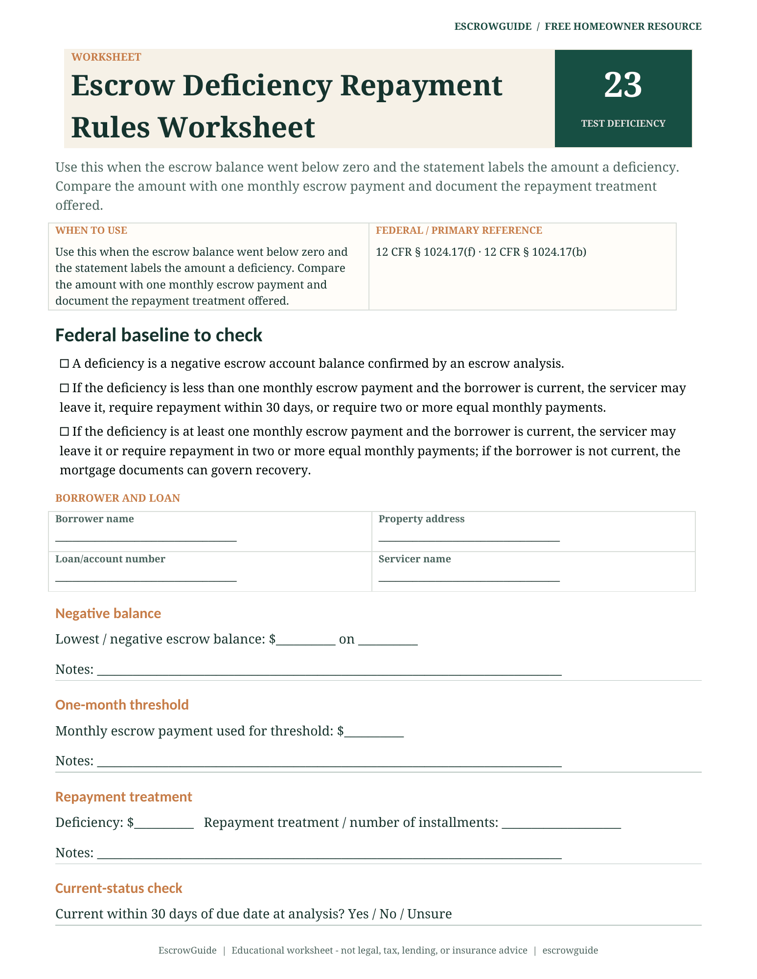 Preview of the Escrow Deficiency Repayment Rules Worksheet first page