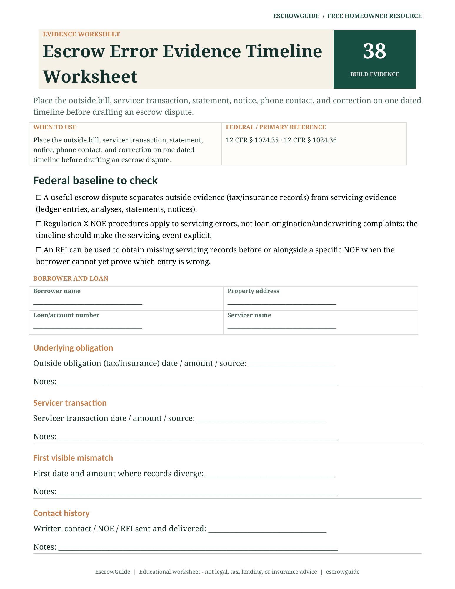 Preview of the Escrow Error Evidence Timeline Worksheet first page