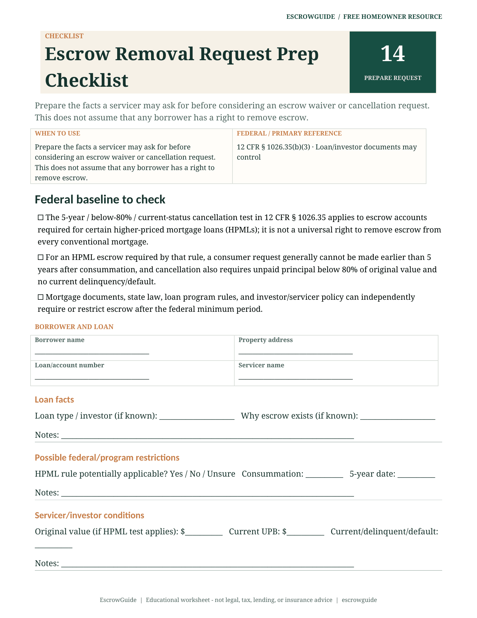 Preview of the Escrow Removal Request Prep Checklist first page