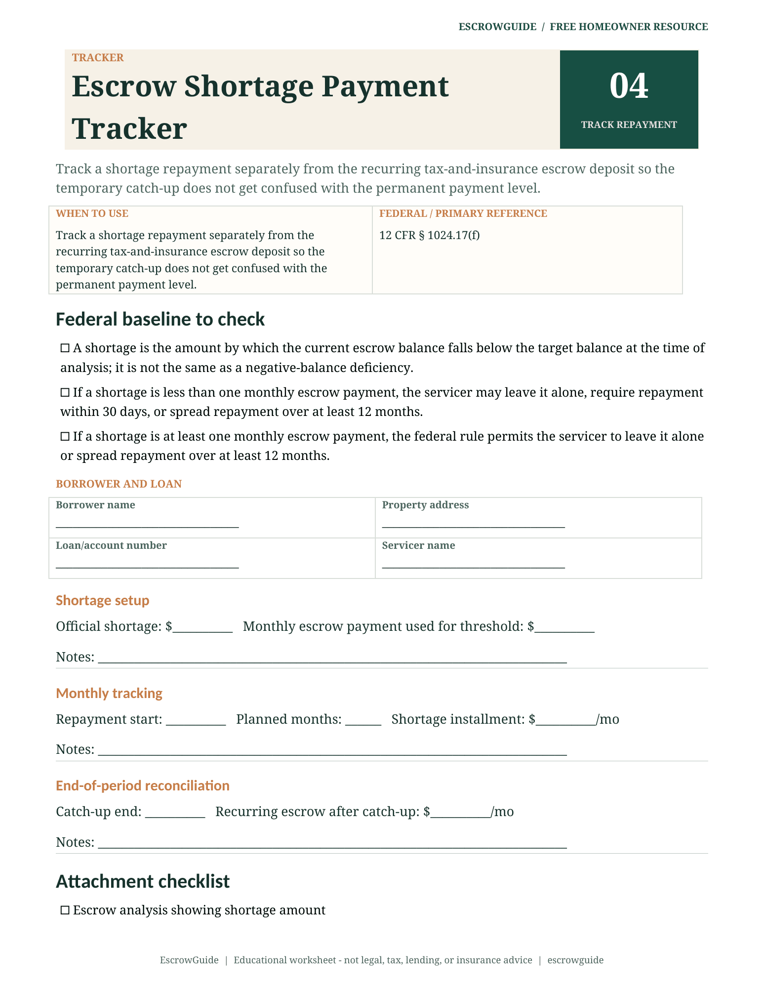 Preview of the Escrow Shortage Payment Tracker first page