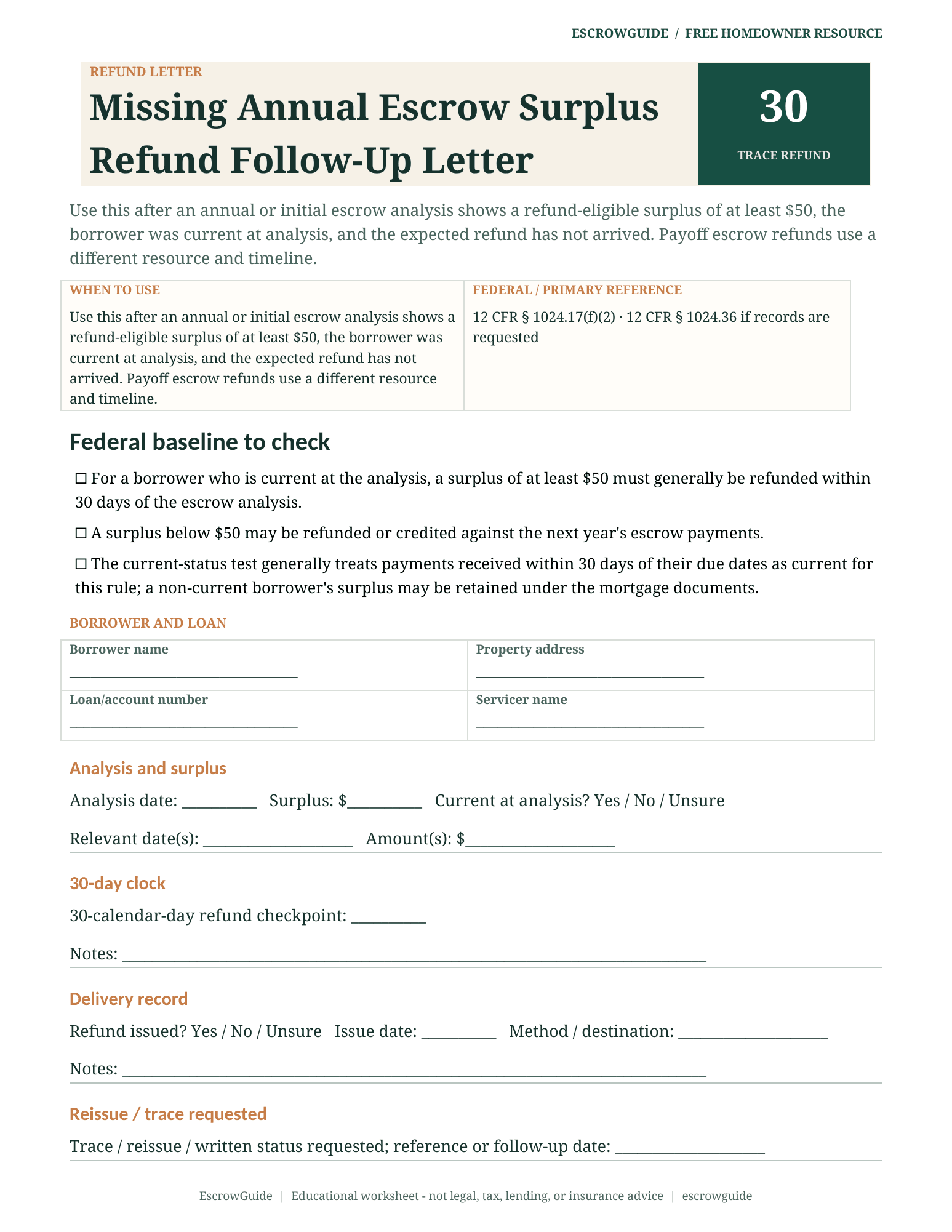 Preview of the Missing Annual Escrow Surplus Refund Follow-Up Letter first page