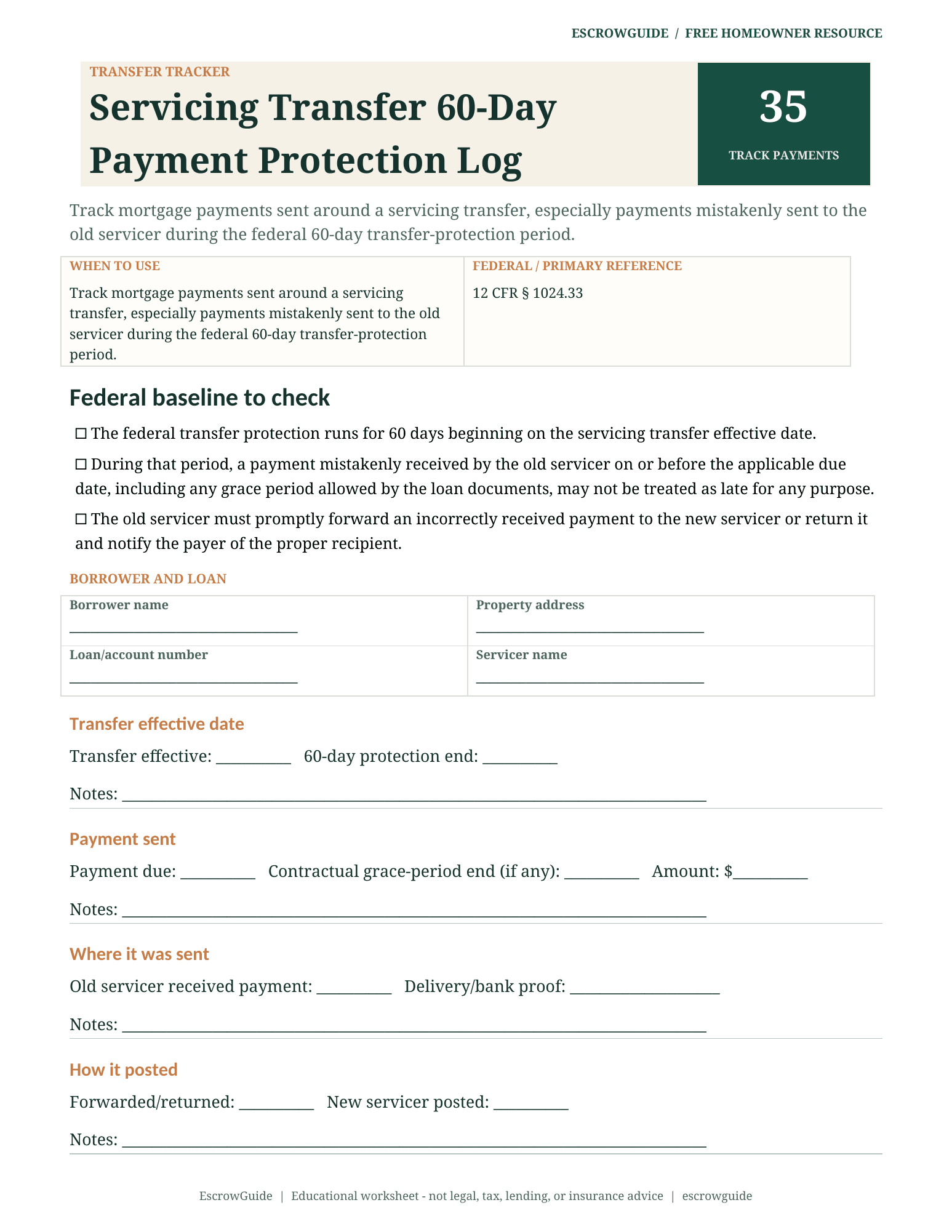 Preview of the Servicing Transfer 60-Day Payment Protection Log first page