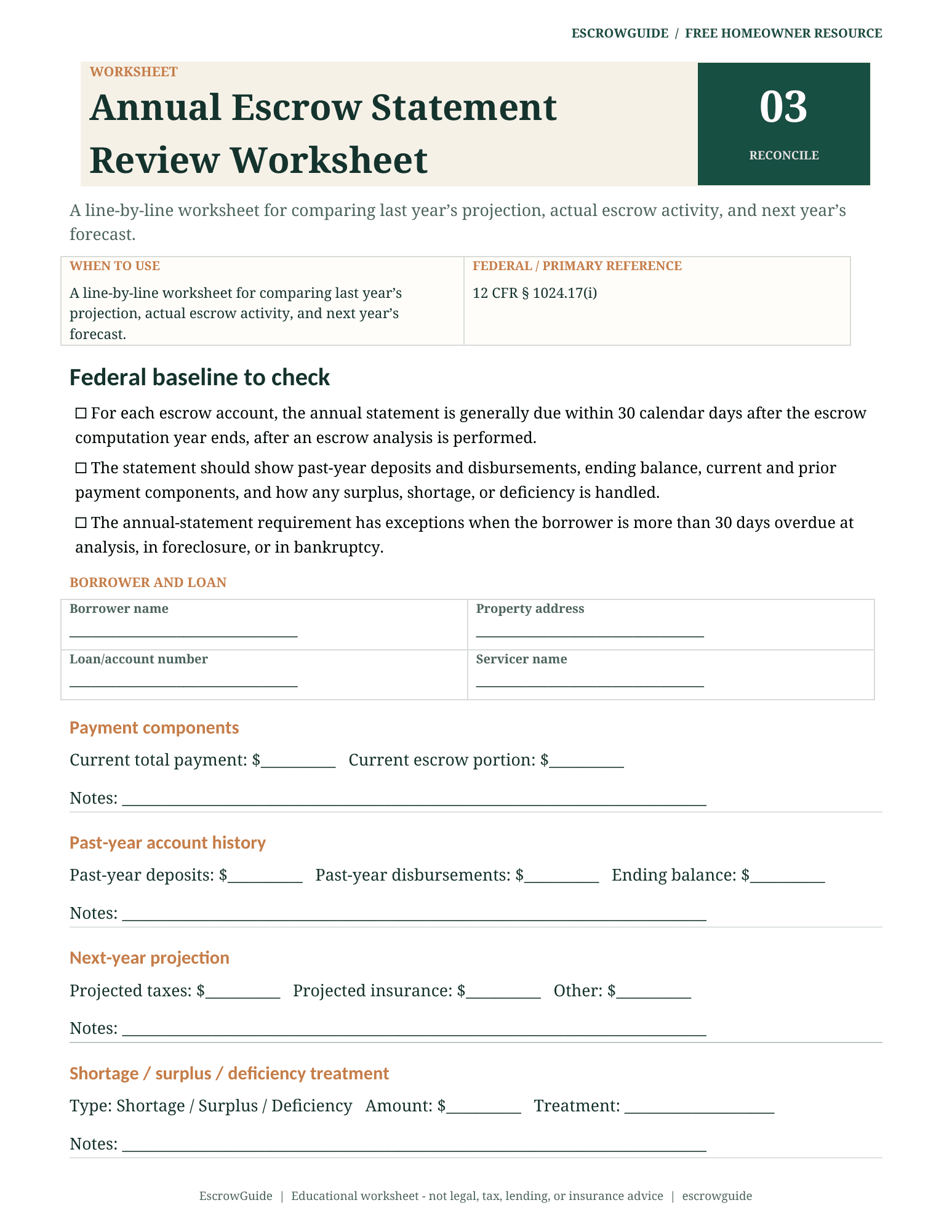 Preview of the Annual Escrow Statement Review Worksheet first page