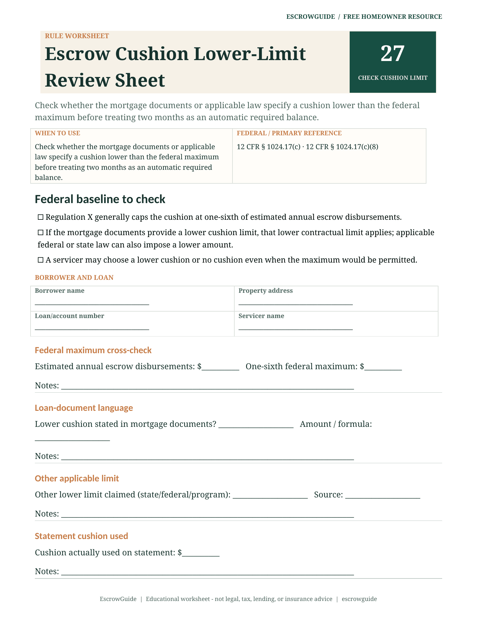 Preview of the Escrow Cushion Lower-Limit Review Sheet first page