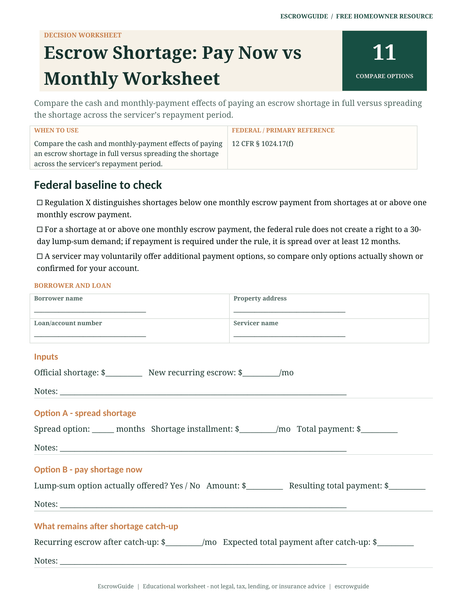 Preview of the Escrow Shortage: Pay Now vs Monthly Worksheet first page