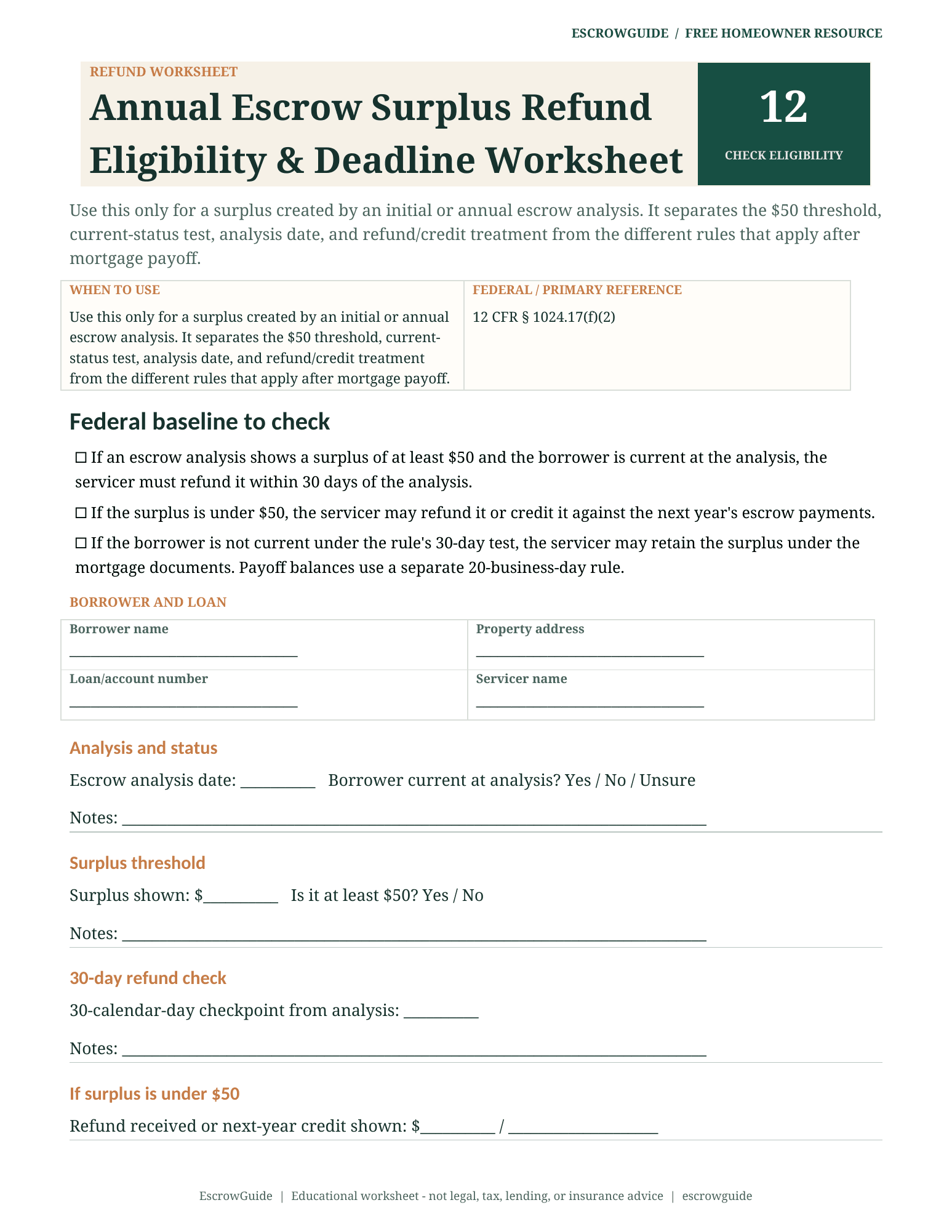 Preview of the Annual Escrow Surplus Refund Eligibility & Deadline Worksheet first page