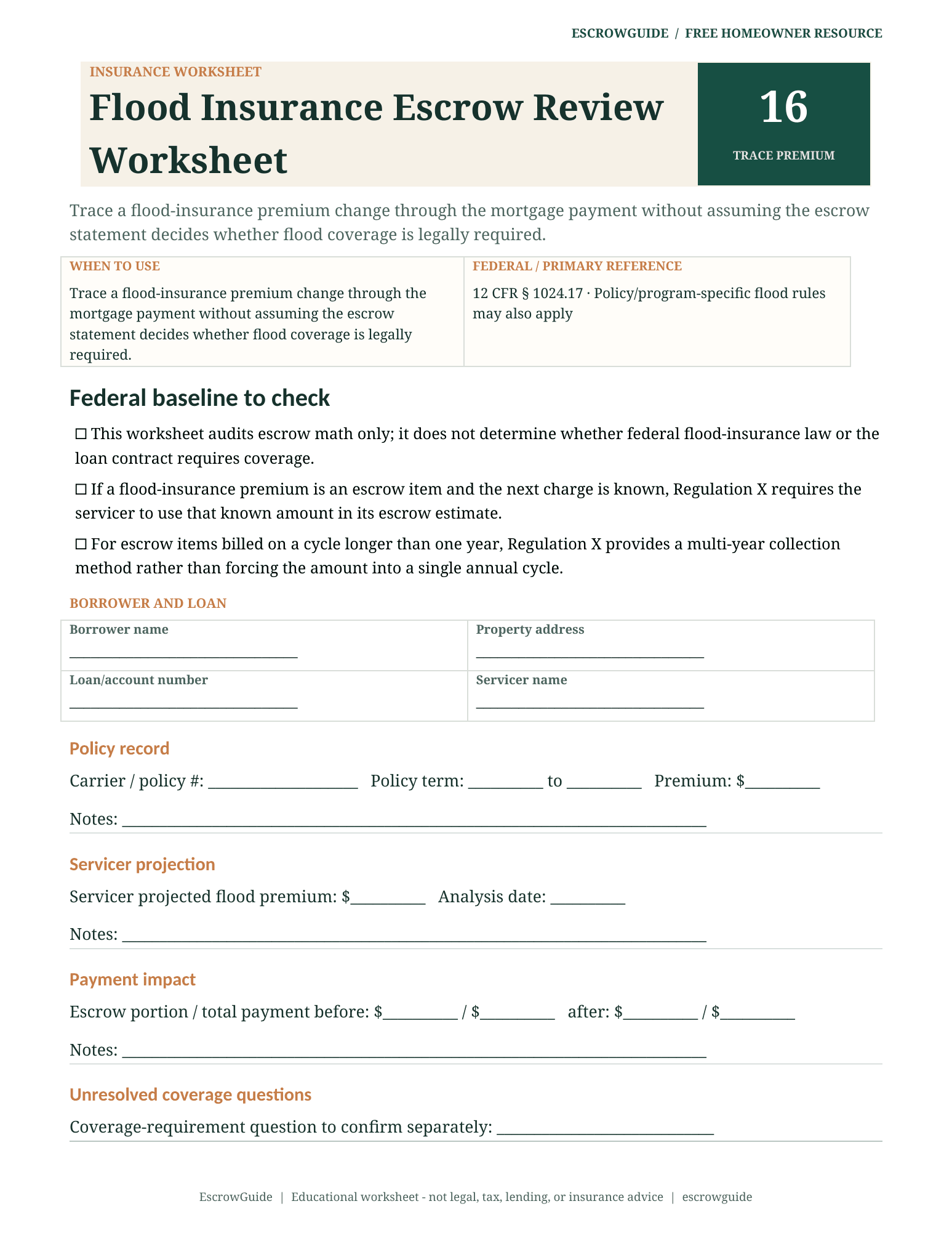 Preview of the Flood Insurance Escrow Review Worksheet first page