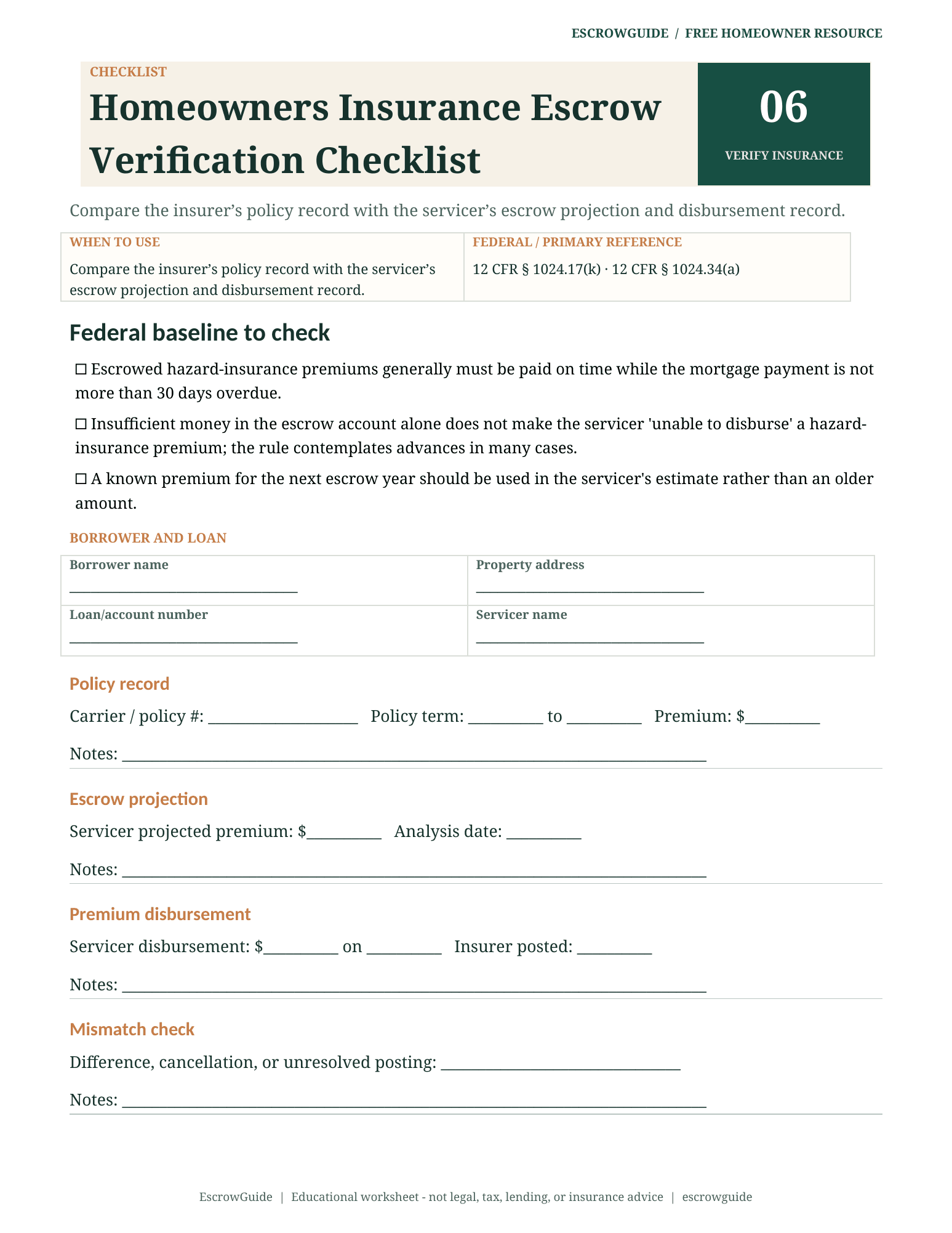 Preview of the Homeowners Insurance Escrow Verification Checklist first page