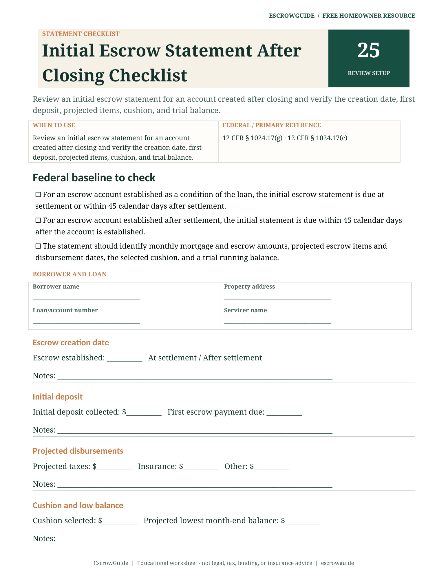 Preview of the Initial Escrow Statement After Closing Checklist first page