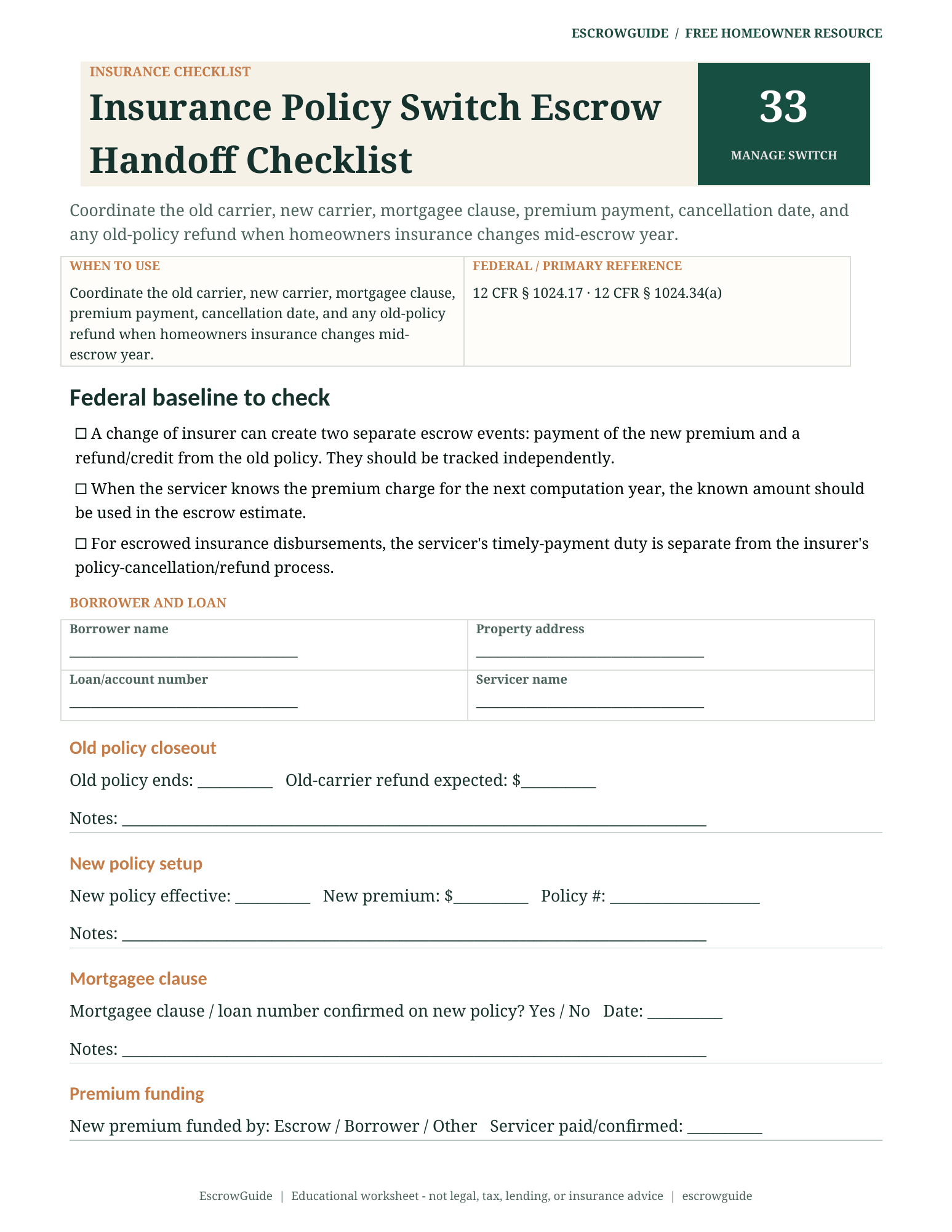 Preview of the Insurance Policy Switch Escrow Handoff Checklist first page
