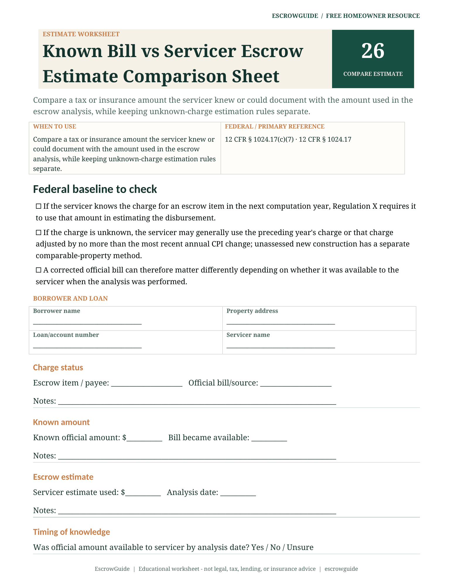 Preview of the Known Bill vs Servicer Escrow Estimate Comparison Sheet first page