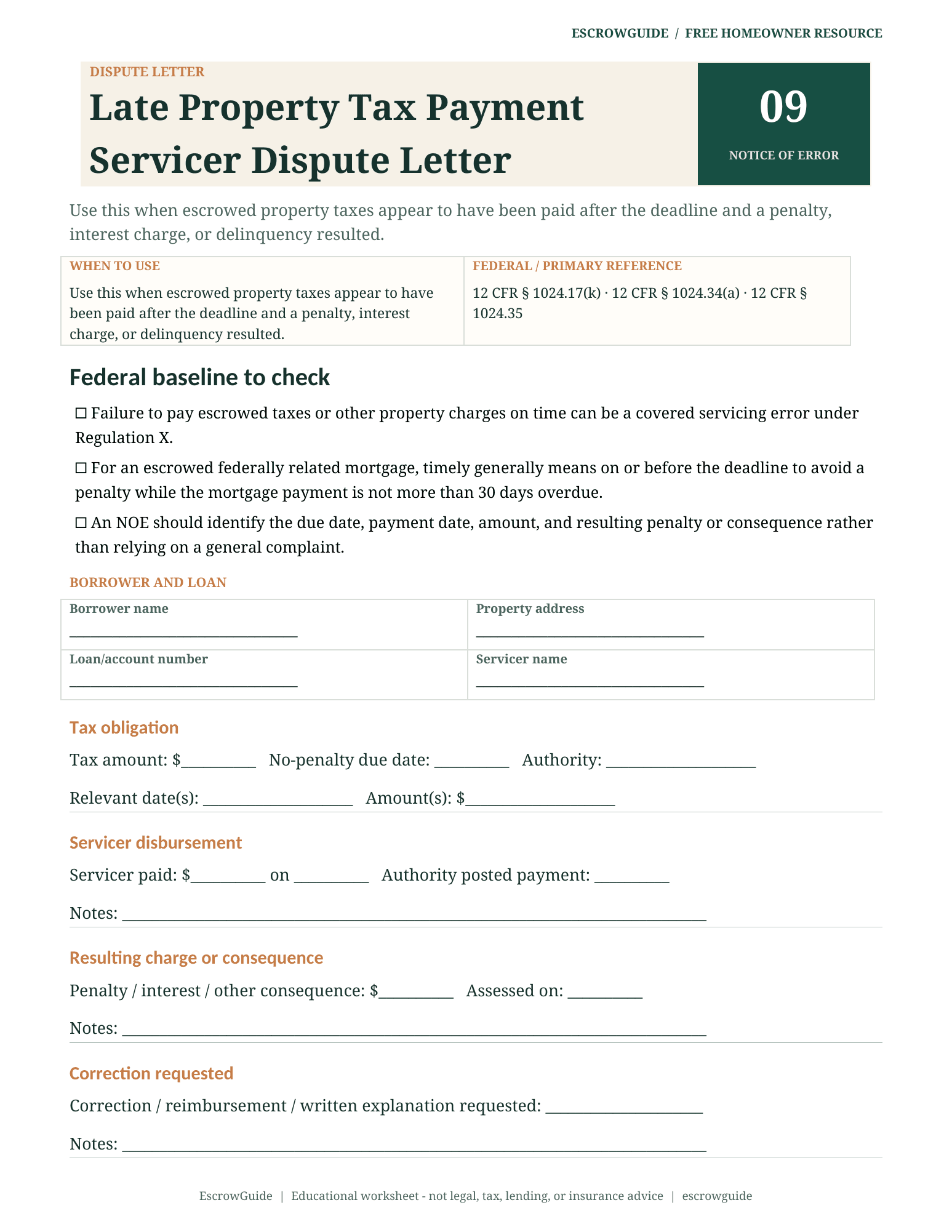 Preview of the Late Property Tax Payment Servicer Dispute Letter first page