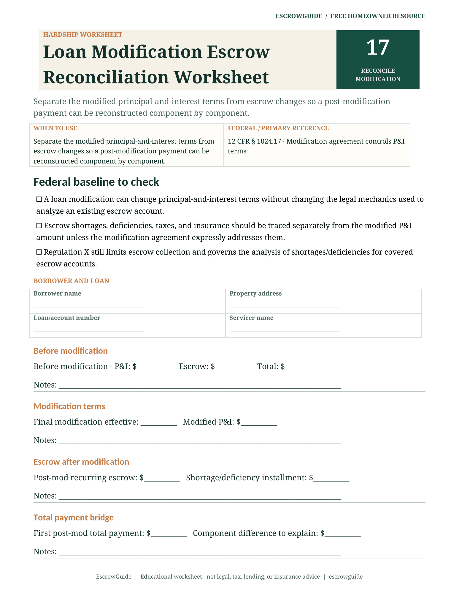 Preview of the Loan Modification Escrow Reconciliation Worksheet first page