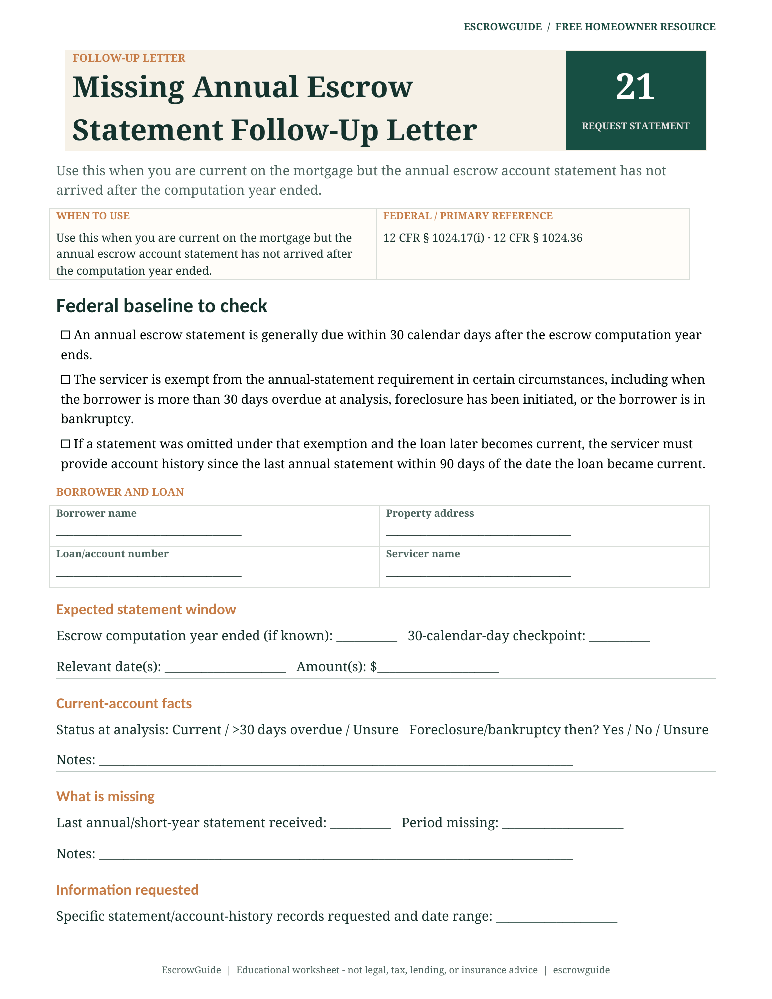 Preview of the Missing Annual Escrow Statement Follow-Up Letter first page