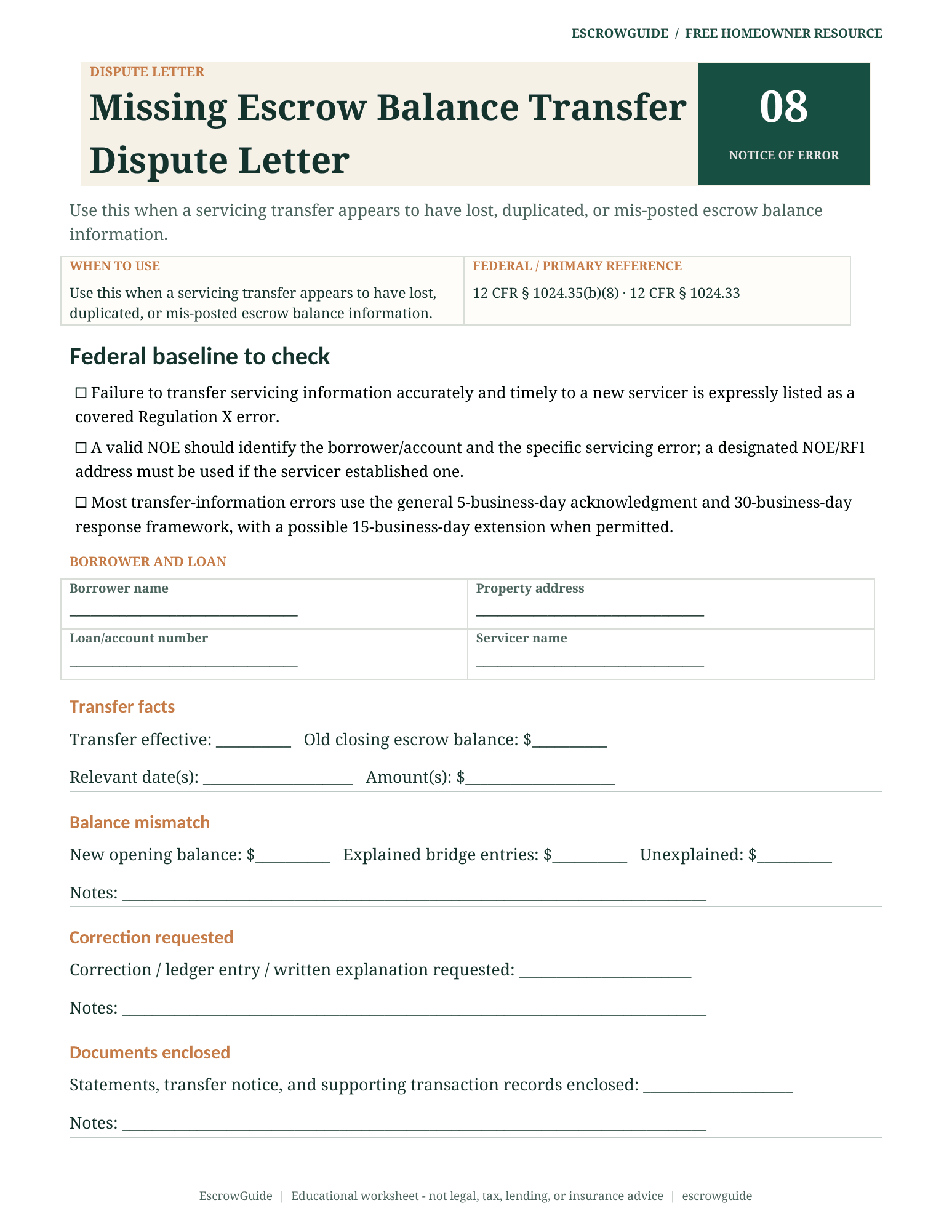 Preview of the Missing Escrow Balance Transfer Dispute Letter first page