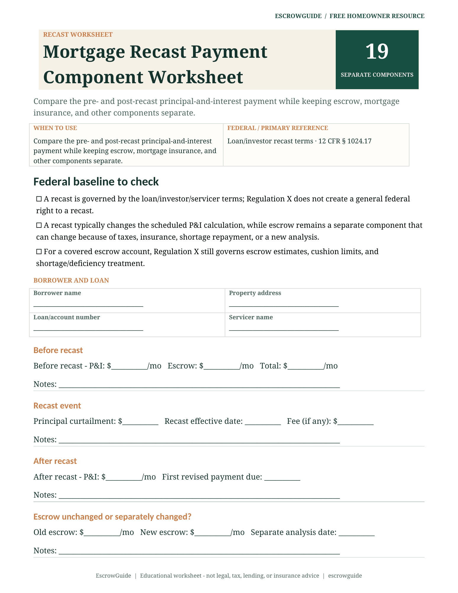 Preview of the Mortgage Recast Payment Component Worksheet first page