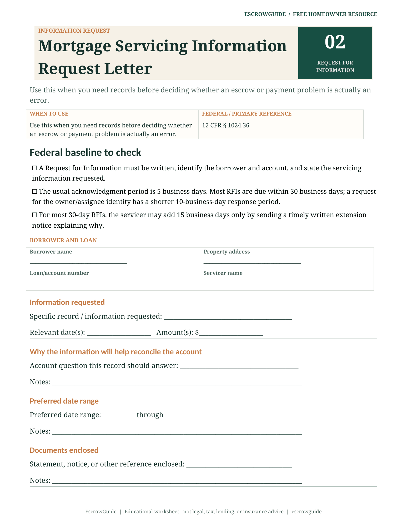 Preview of the Mortgage Servicing Information Request Letter first page