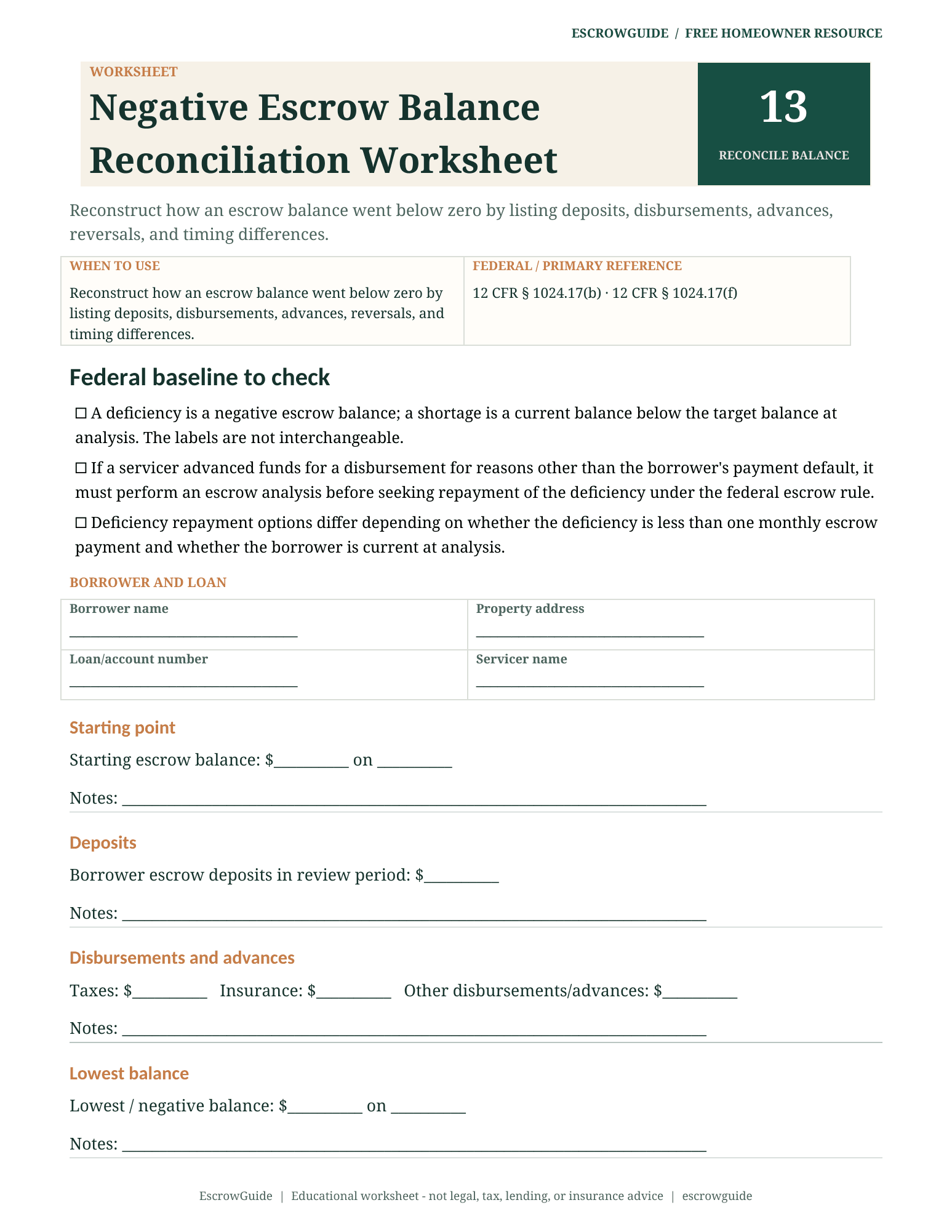 Preview of the Negative Escrow Balance Reconciliation Worksheet first page