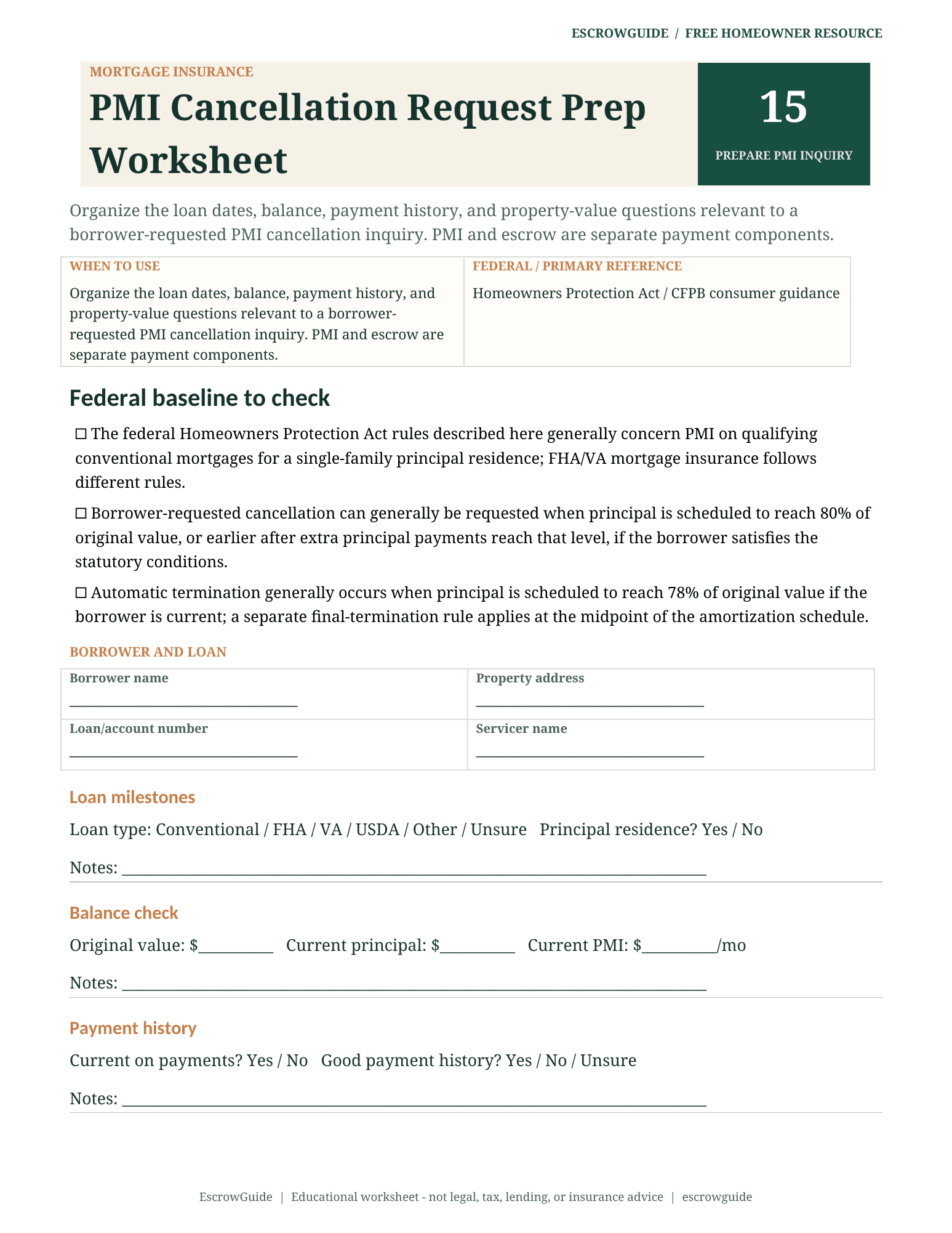 Preview of the PMI Cancellation Request Prep Worksheet first page