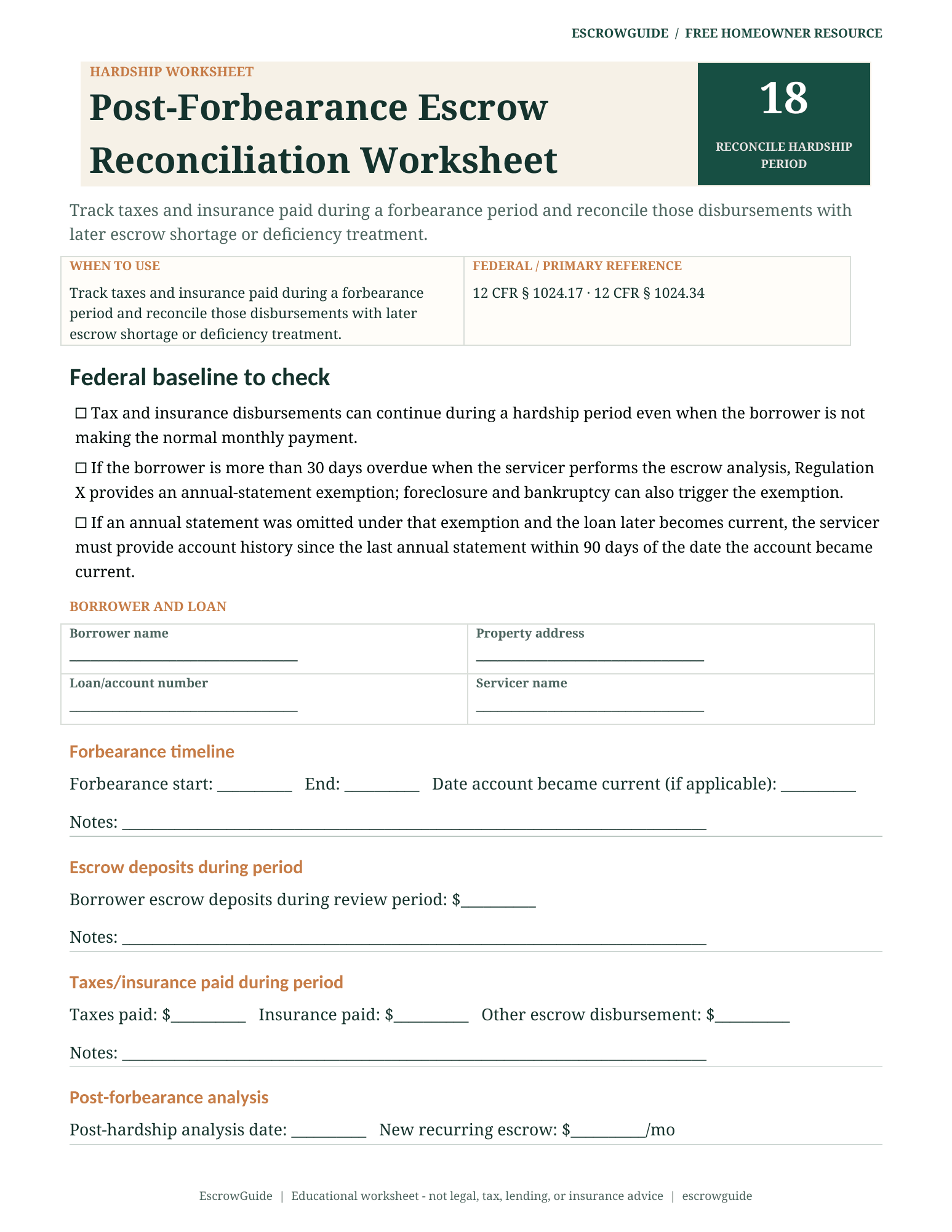 Preview of the Post-Forbearance Escrow Reconciliation Worksheet first page