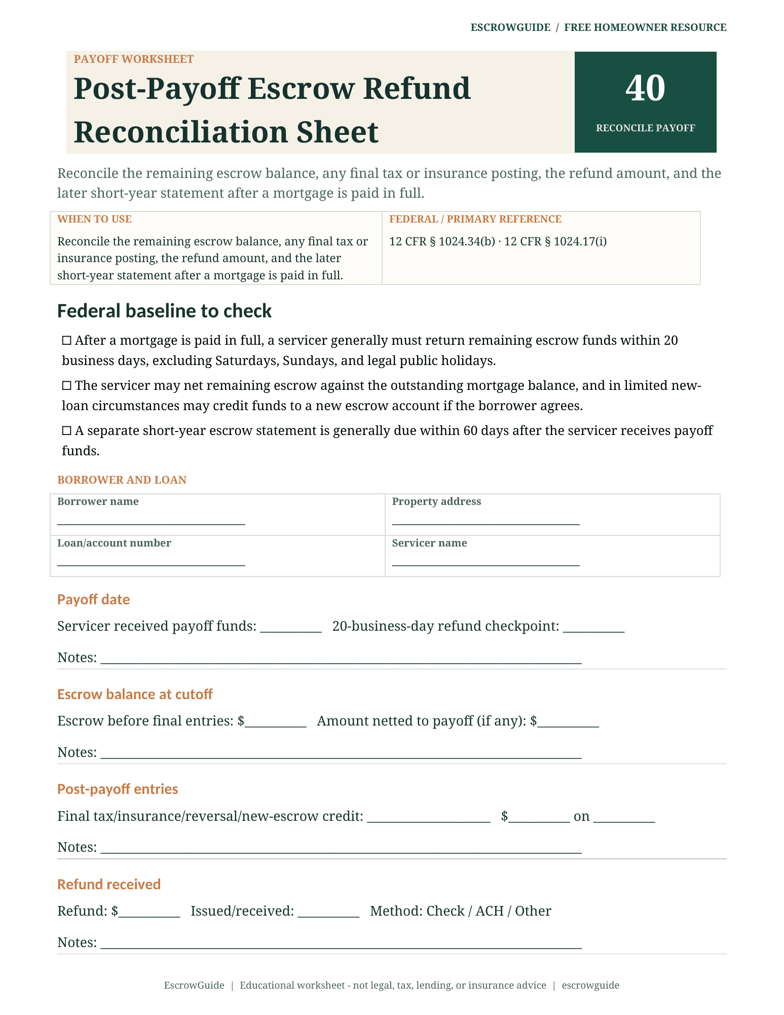 Preview of the Post-Payoff Escrow Refund Reconciliation Sheet first page