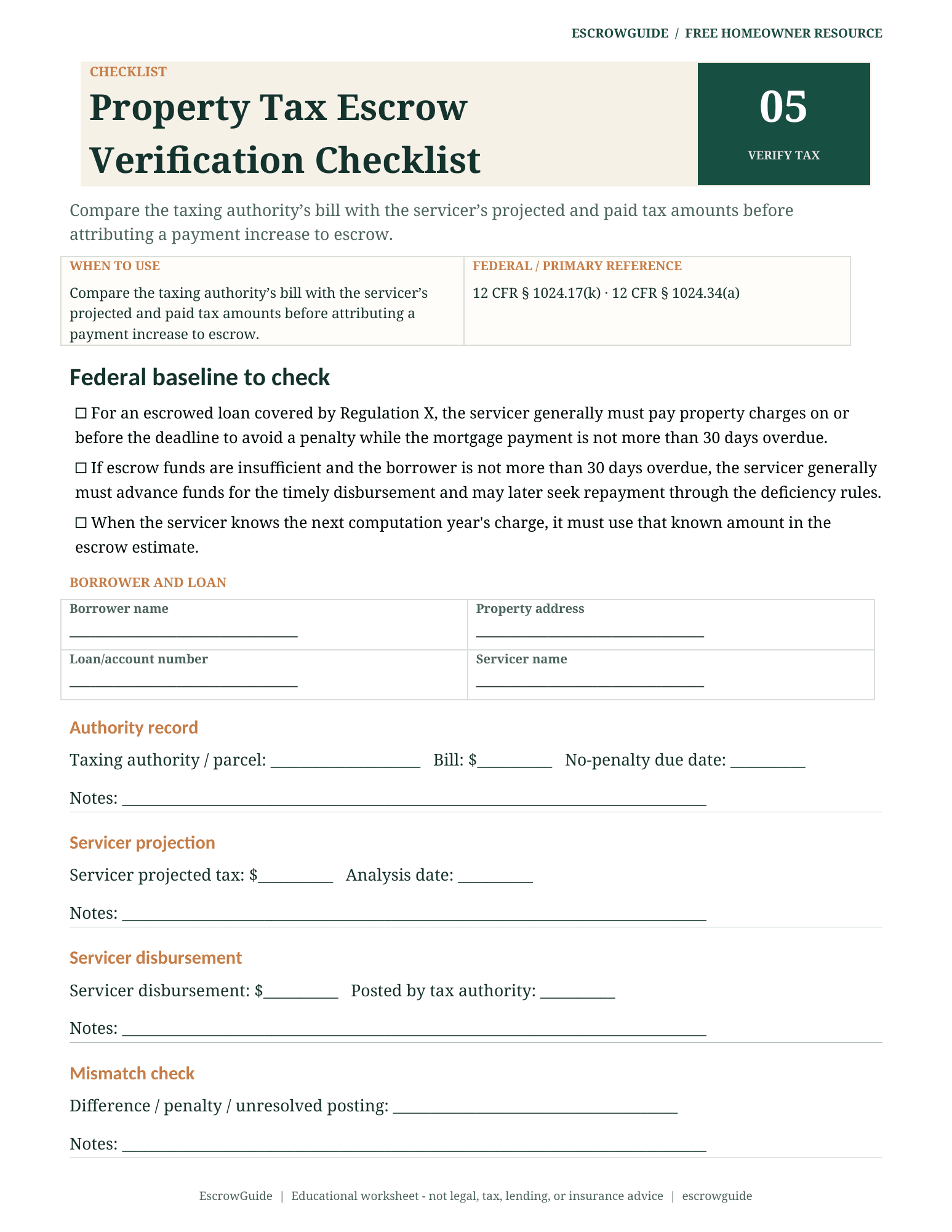 Preview of the Property Tax Escrow Verification Checklist first page