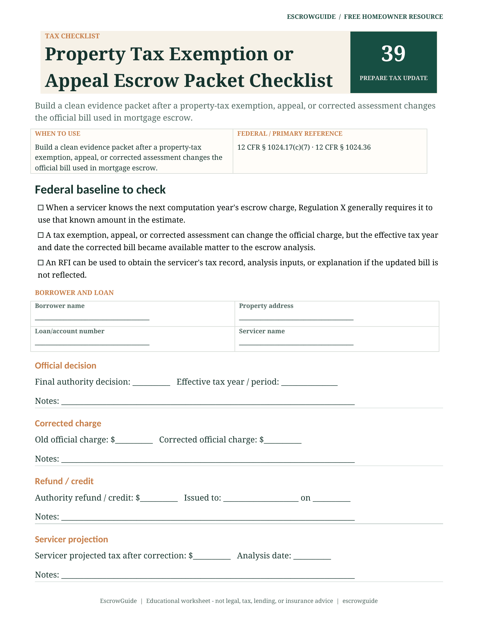 Preview of the Property Tax Exemption or Appeal Escrow Packet Checklist first page
