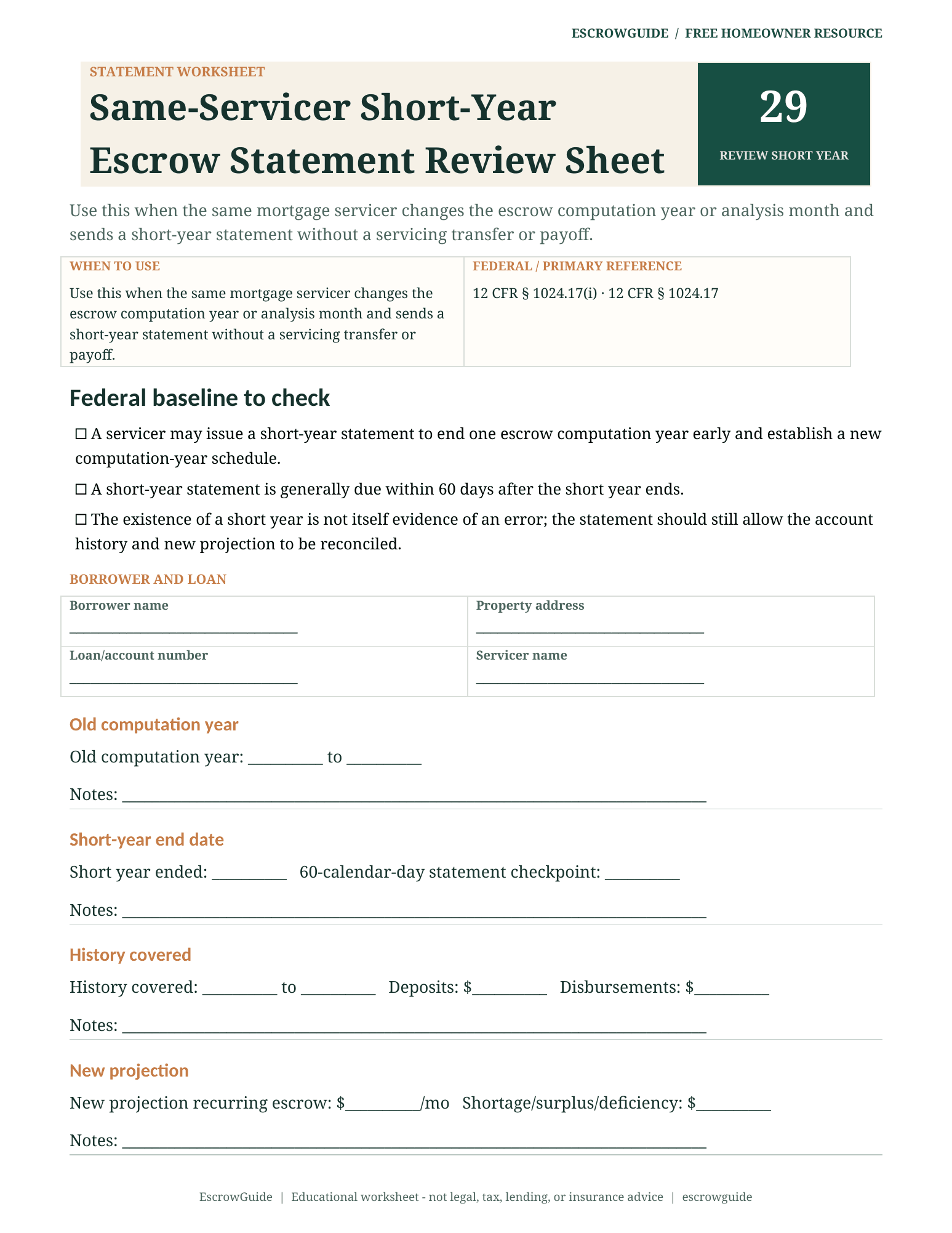 Preview of the Same-Servicer Short-Year Escrow Statement Review Sheet first page