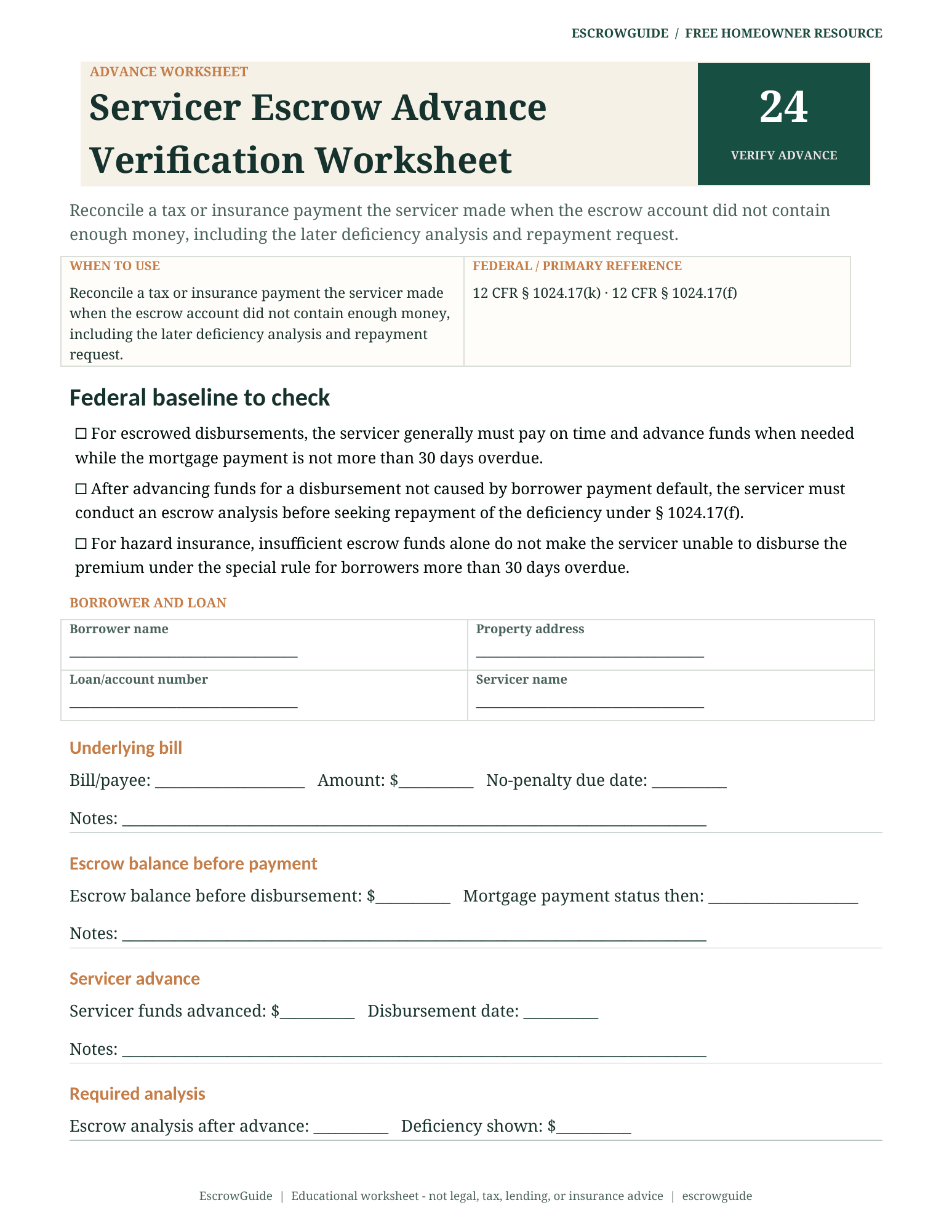 Preview of the Servicer Escrow Advance Verification Worksheet first page
