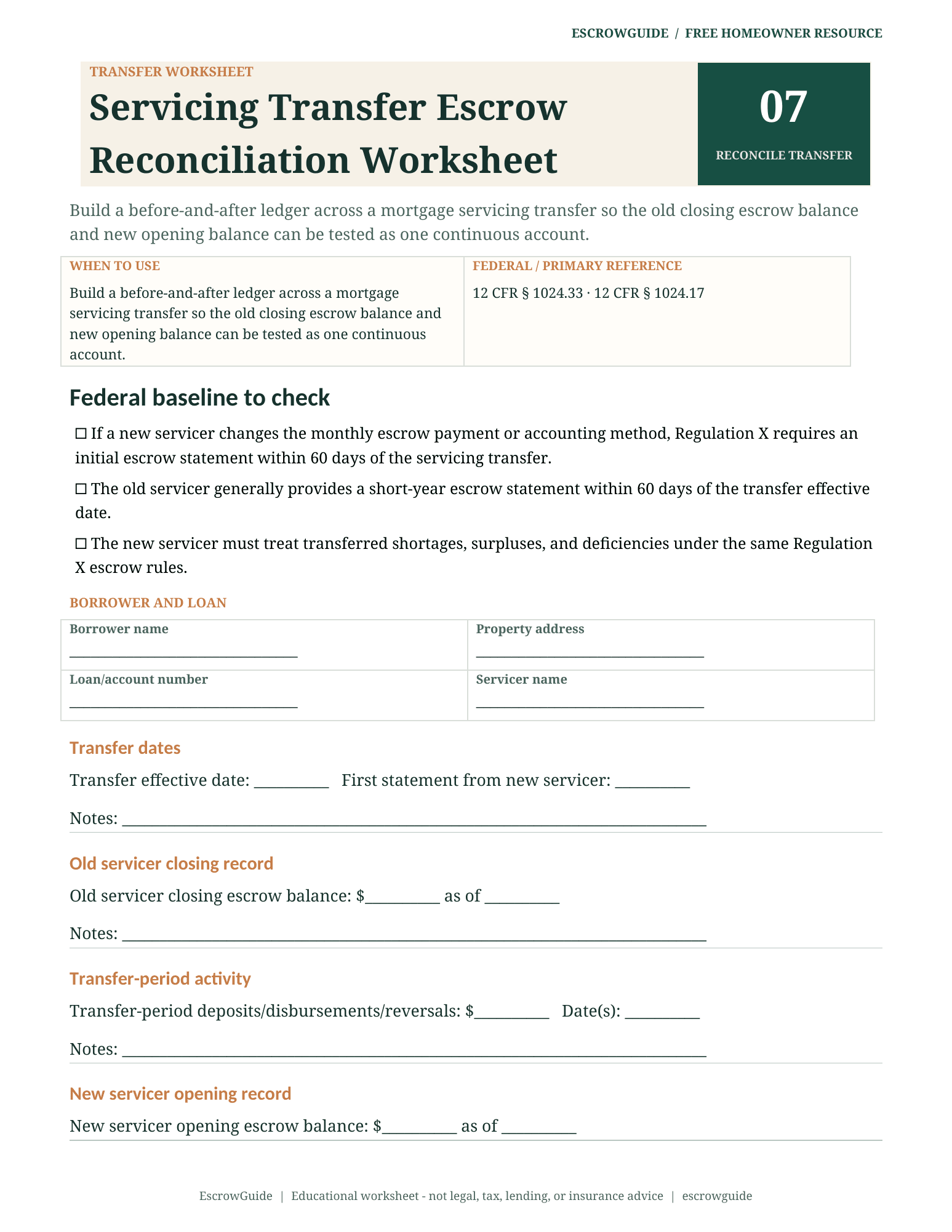 Preview of the Servicing Transfer Escrow Reconciliation Worksheet first page