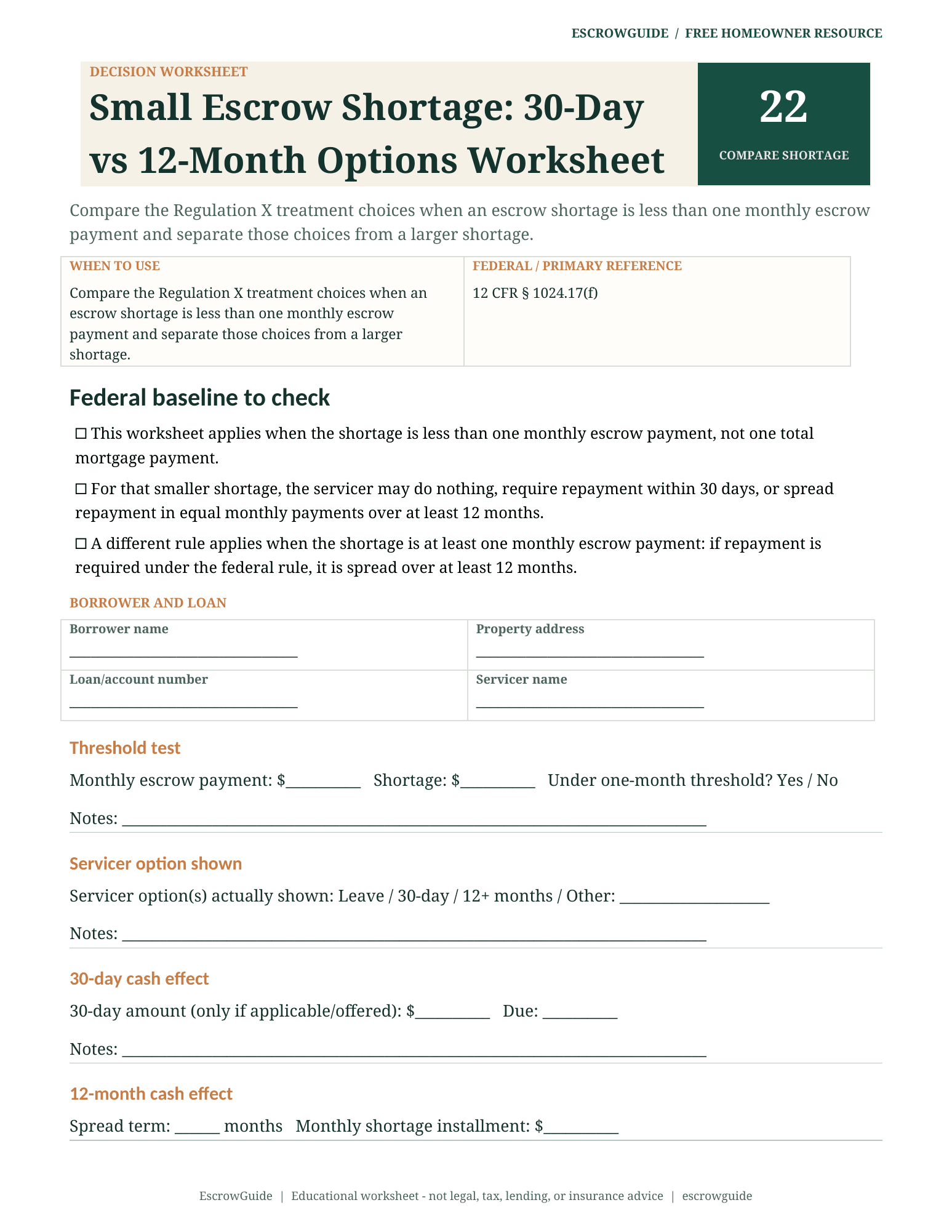 Preview of the Small Escrow Shortage: 30-Day vs 12-Month Options Worksheet first page