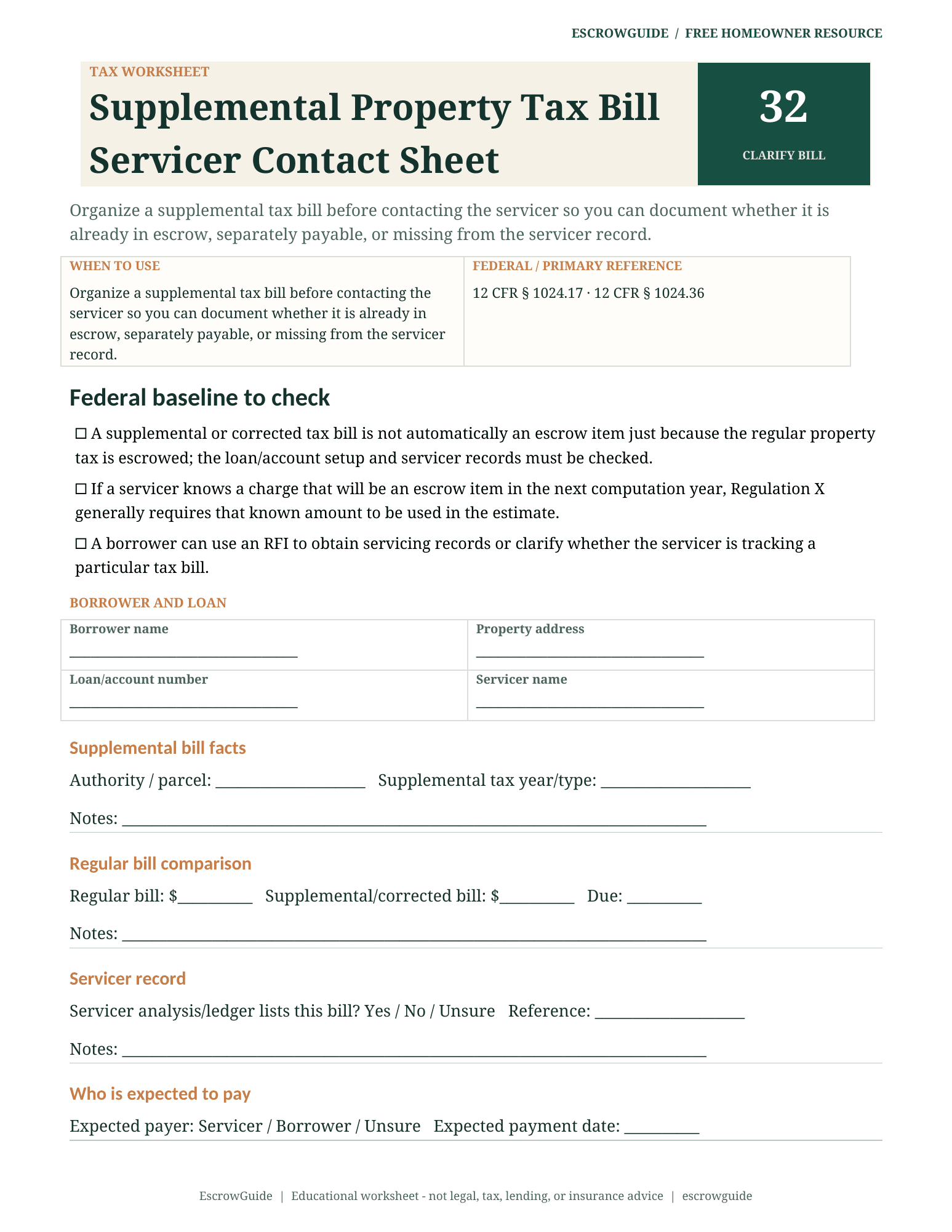 Preview of the Supplemental Property Tax Bill Servicer Contact Sheet first page